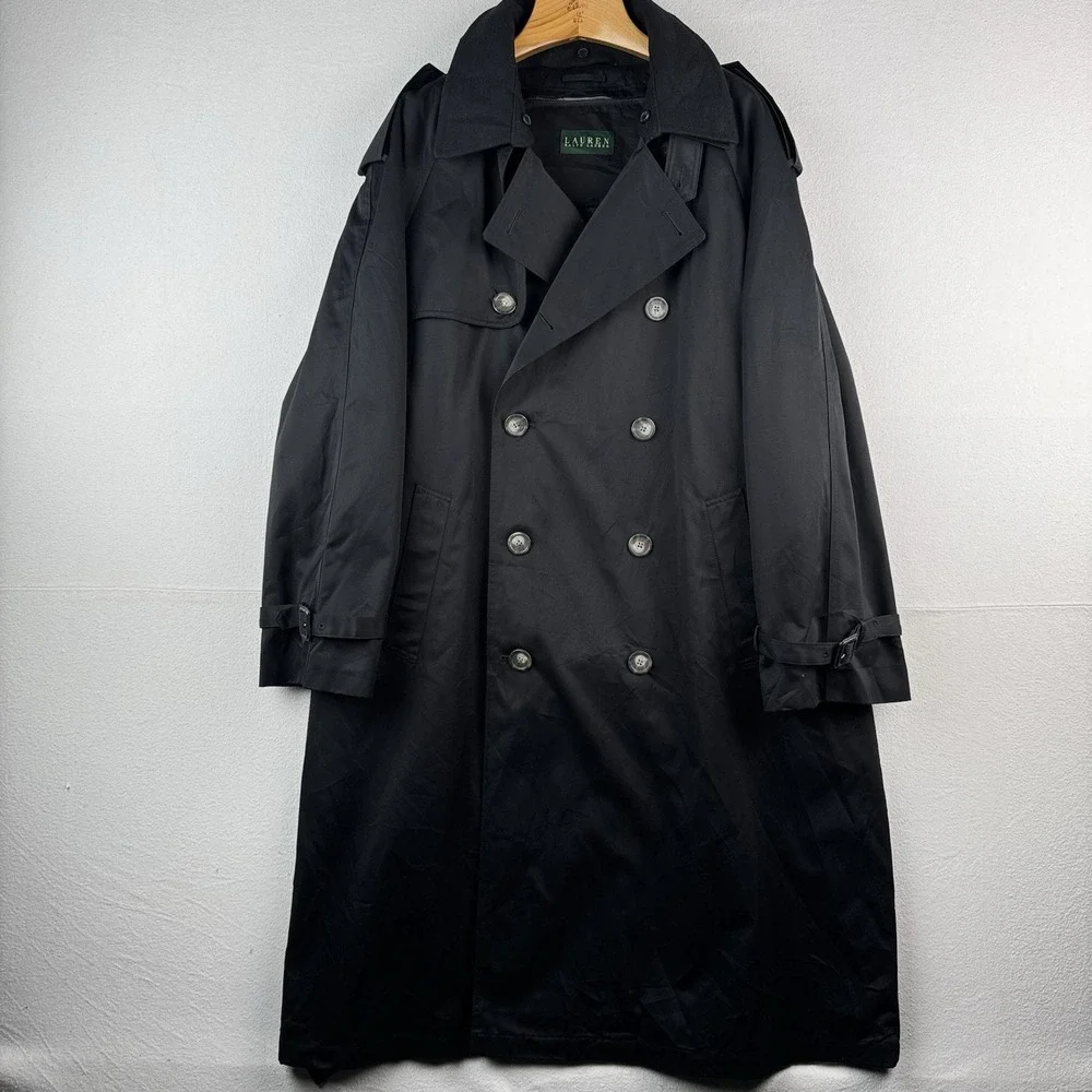 Ralph Lauren Black Trench Coat OverCoat Quilted Cotton Blend Lined Insulated 48R